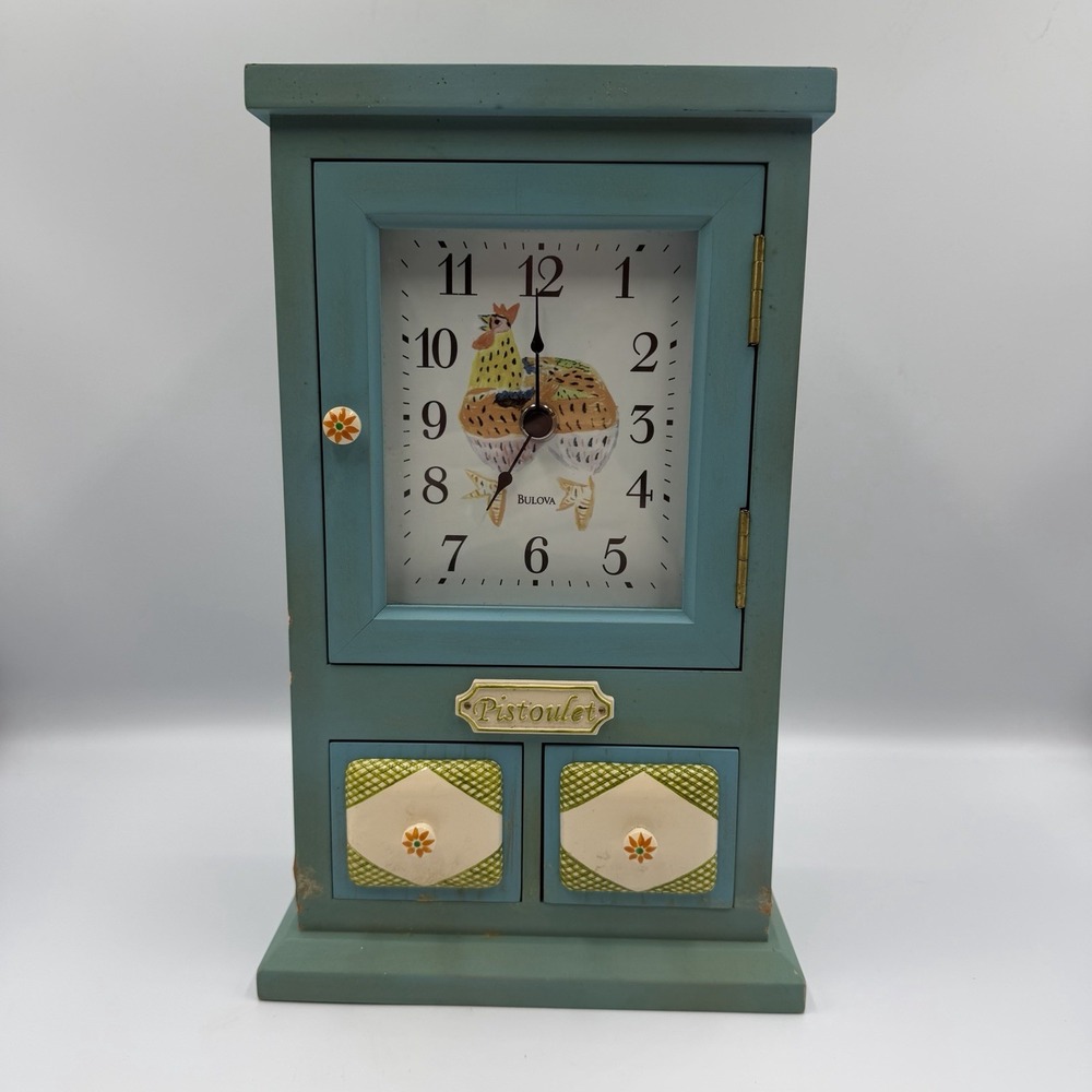 Pfaltzgraff Pistoulet Wooden Bulova Mantel Clock Blue Farmhouse Vintage Decor